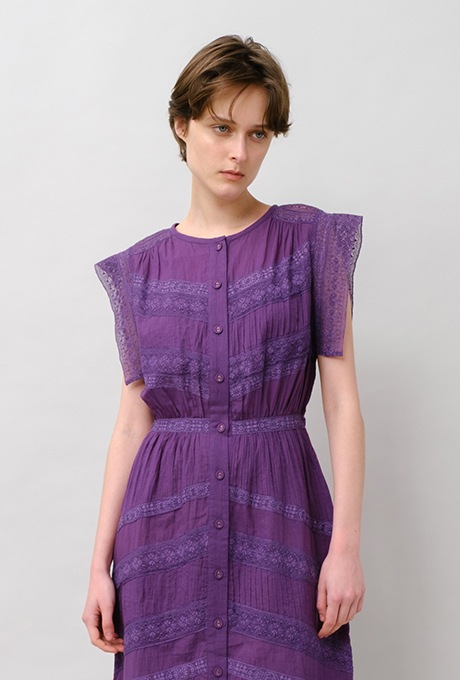 Cotton Lace Tape Pintuck Straight Middle Dress