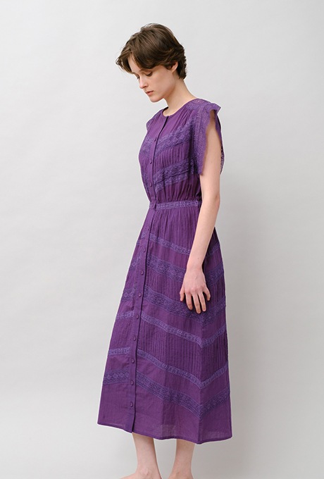 Cotton Lace Tape Pintuck Straight Middle Dress