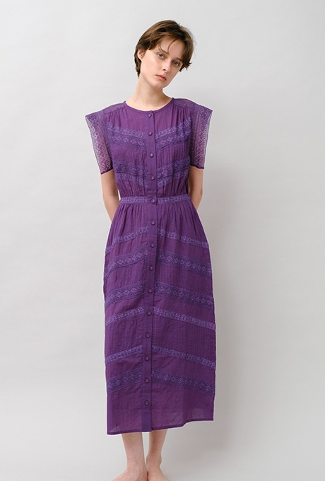Cotton Lace Tape Pintuck Straight Middle Dress