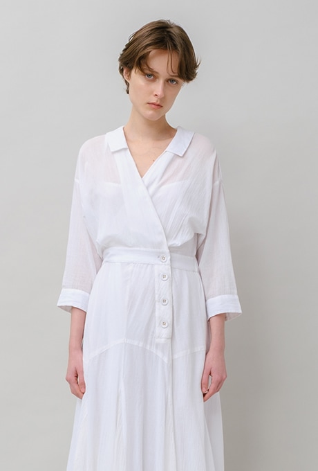 Cotton Stripe Seersucker Flare Long Dress