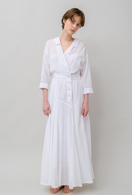 Cotton Stripe Seersucker Flare Long Dress