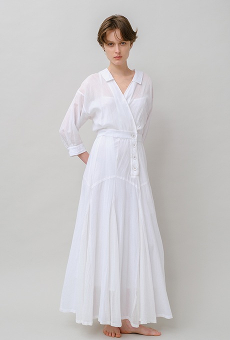 Cotton Stripe Seersucker Flare Long Dress
