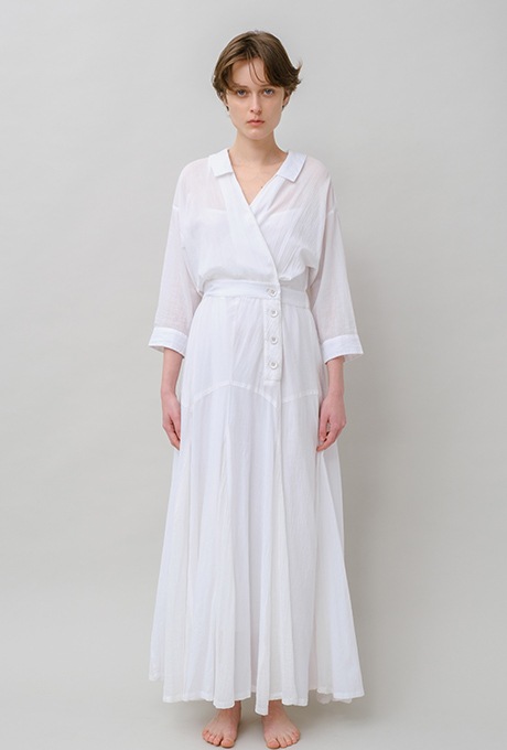 Cotton Stripe Seersucker Flare Long Dress