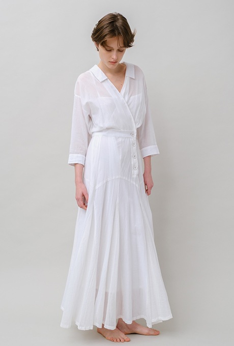 Cotton Stripe Seersucker Flare Long Dress