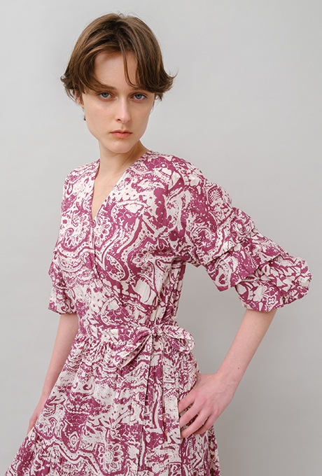 Print Cotton Wrap Tiered Long Dress