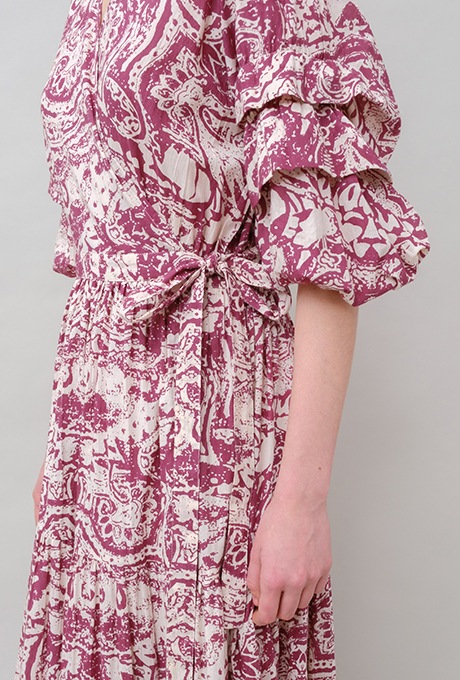 Print Cotton Wrap Tiered Long Dress