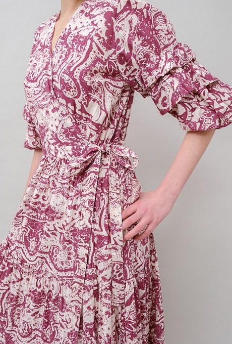 Print Cotton Wrap Tiered Long Dress