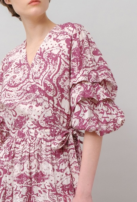 Print Cotton Wrap Tiered Long Dress