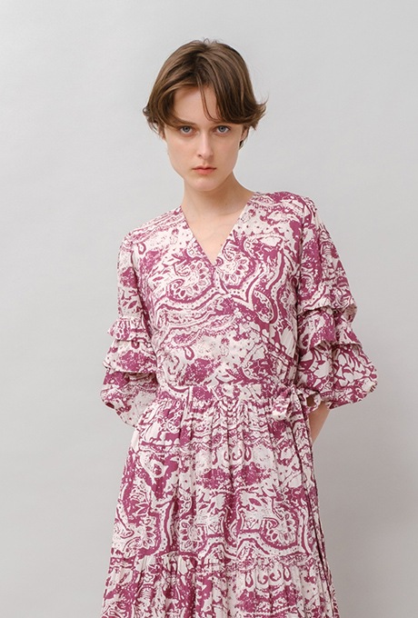 Print Cotton Wrap Tiered Long Dress