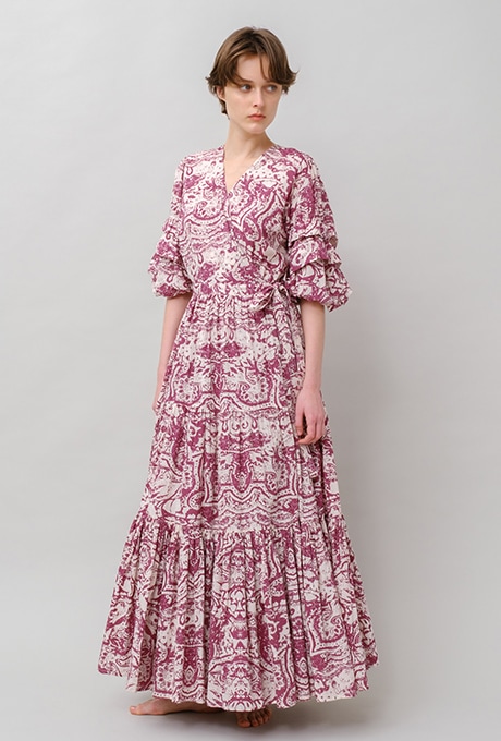 Print Cotton Wrap Tiered Long Dress