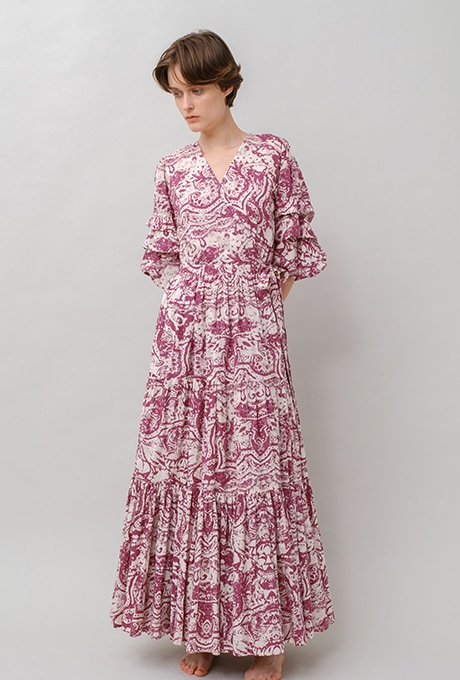 Print Cotton Wrap Tiered Long Dress