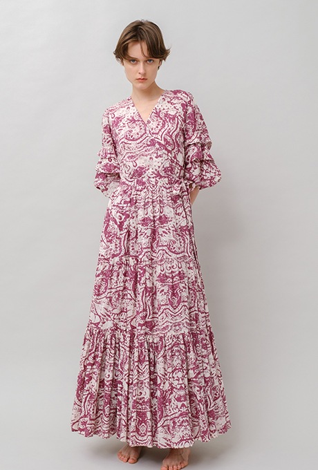 Print Cotton Wrap Tiered Long Dress