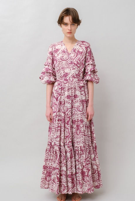 Print Cotton Wrap Tiered Long Dress