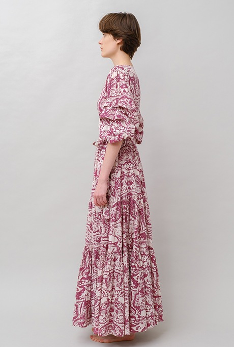 Print Cotton Wrap Tiered Long Dress
