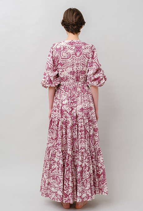 Print Cotton Wrap Tiered Long Dress