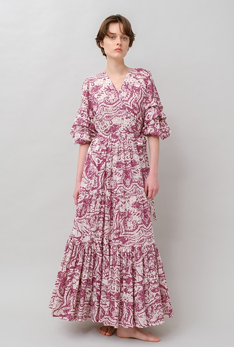 Print Cotton Wrap Tiered Long Dress