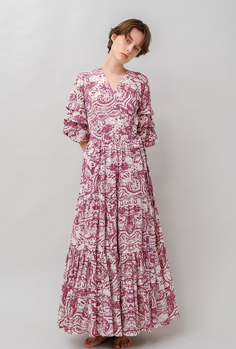 Print Cotton Wrap Tiered Long Dress
