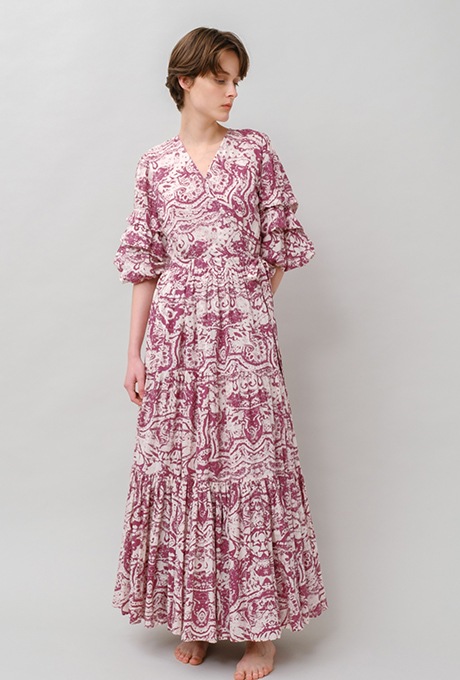 Print Cotton Wrap Tiered Long Dress