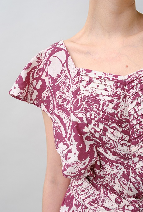 Print Cotton Frill Sholder Middle Dress