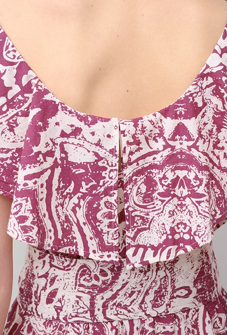 Print Cotton Frill Sholder Middle Dress