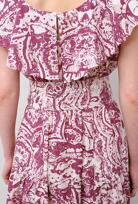 Print Cotton Frill Sholder Middle Dress