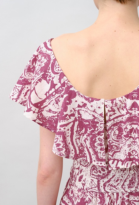 Print Cotton Frill Sholder Middle Dress