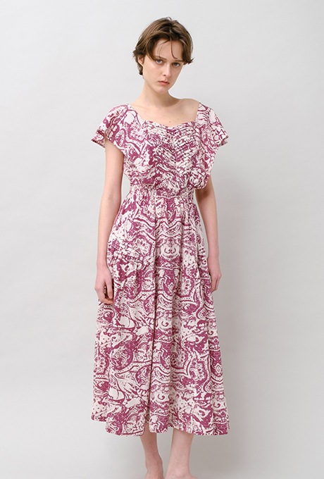 Print Cotton Frill Sholder Middle Dress