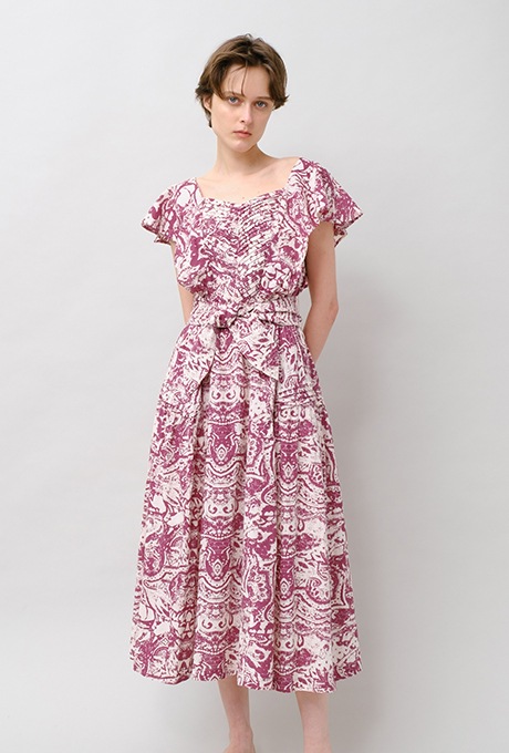 Print Cotton Frill Sholder Middle Dress