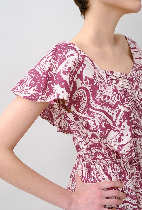 Print Cotton Frill Sholder Middle Dress