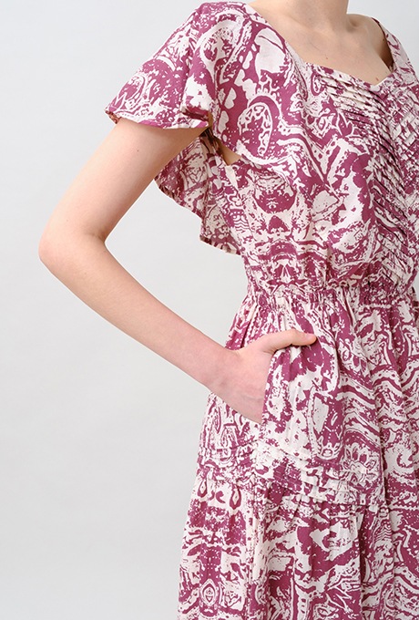 Print Cotton Frill Sholder Middle Dress