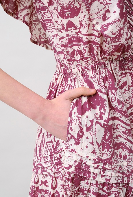 Print Cotton Frill Sholder Middle Dress