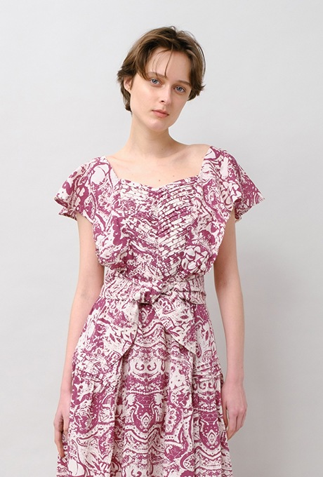 Print Cotton Frill Sholder Middle Dress