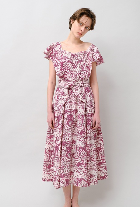 Print Cotton Frill Sholder Middle Dress