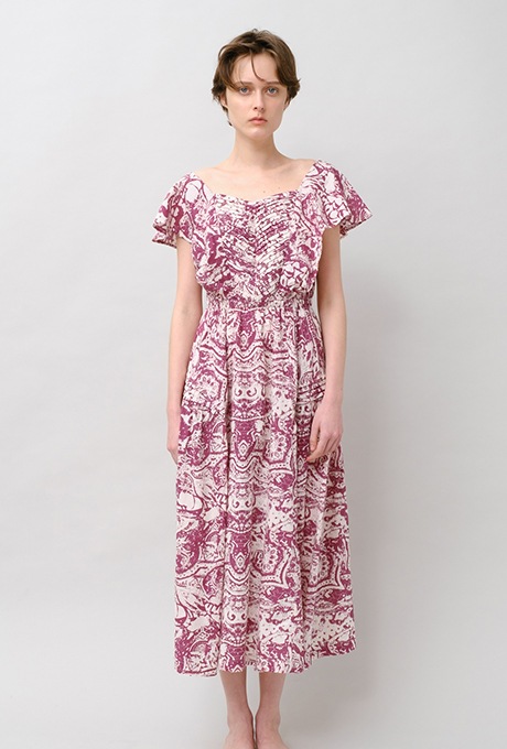 Print Cotton Frill Sholder Middle Dress