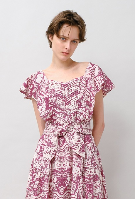 Print Cotton Frill Sholder Middle Dress