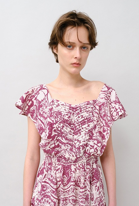 Print Cotton Frill Sholder Middle Dress