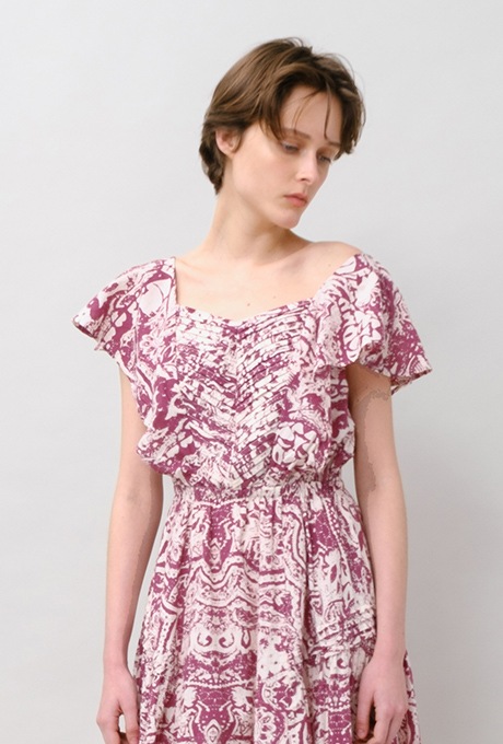 Print Cotton Frill Sholder Middle Dress