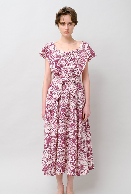 Print Cotton Frill Sholder Middle Dress