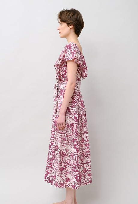Print Cotton Frill Sholder Middle Dress