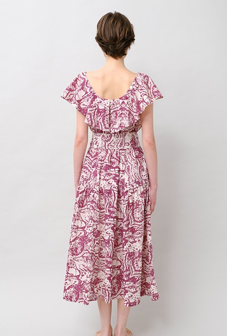 Print Cotton Frill Sholder Middle Dress