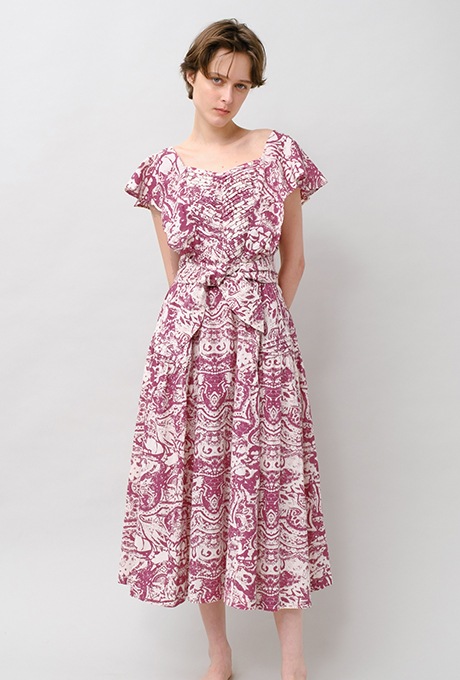 Print Cotton Frill Sholder Middle Dress