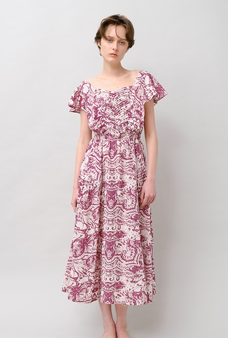 Print Cotton Frill Sholder Middle Dress