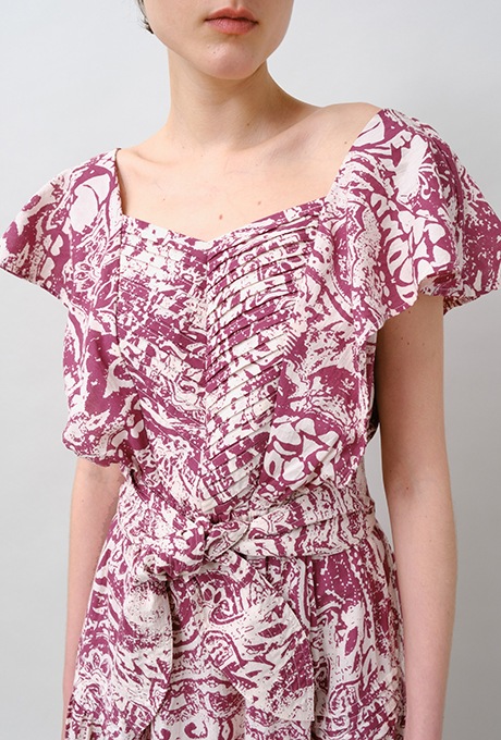 Print Cotton Frill Sholder Middle Dress