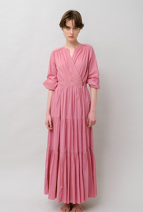Cotton Gather Tiered Wrap Long Dress