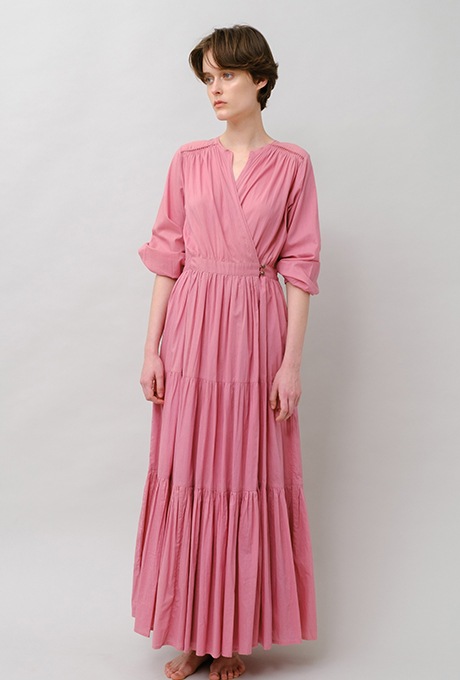 Cotton Gather Tiered Wrap Long Dress