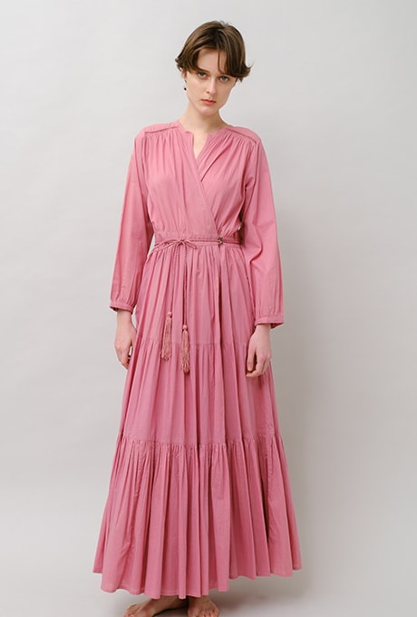 Cotton Gather Tiered Wrap Long Dress