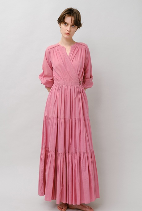 Cotton Gather Tiered Wrap Long Dress