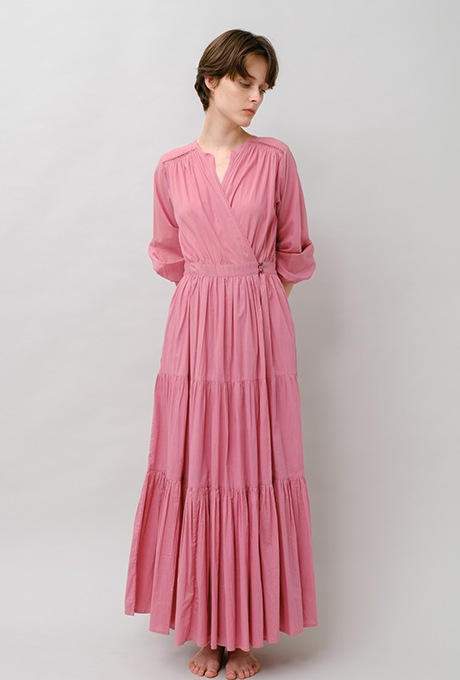 Cotton Gather Tiered Wrap Long Dress