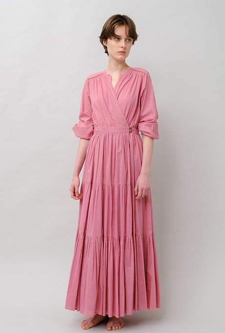 Cotton Gather Tiered Wrap Long Dress