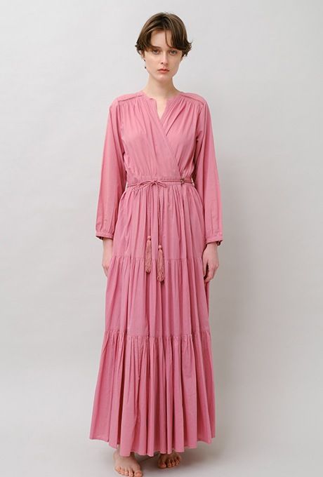 Cotton Gather Tiered Wrap Long Dress